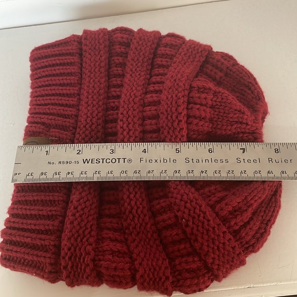 C.C. Exclusives Dark Red Maroon Color Knit Beanie with Ponytail Opening - Picture 9 of 11
